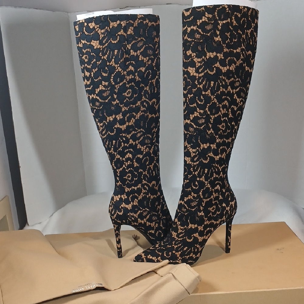 Michael Kors Collective Versey Floral Lace Black/Tan Heeled Boots Sz 6.5 - Picture 1 of 12